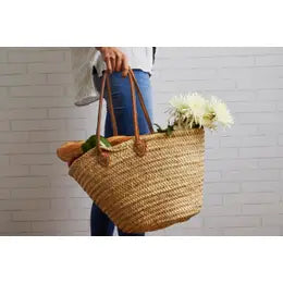 Large Moroccan Farmers Market Shopping Basket | Tan with Long Handles